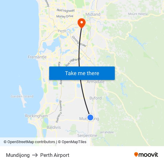Mundijong to Perth Airport map