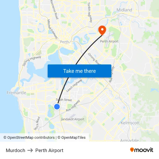 Murdoch to Perth Airport map