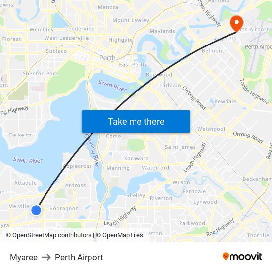 Myaree to Perth Airport map