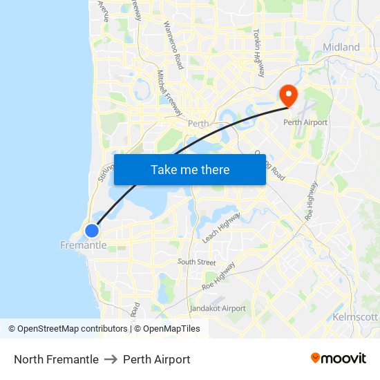 North Fremantle to Perth Airport map