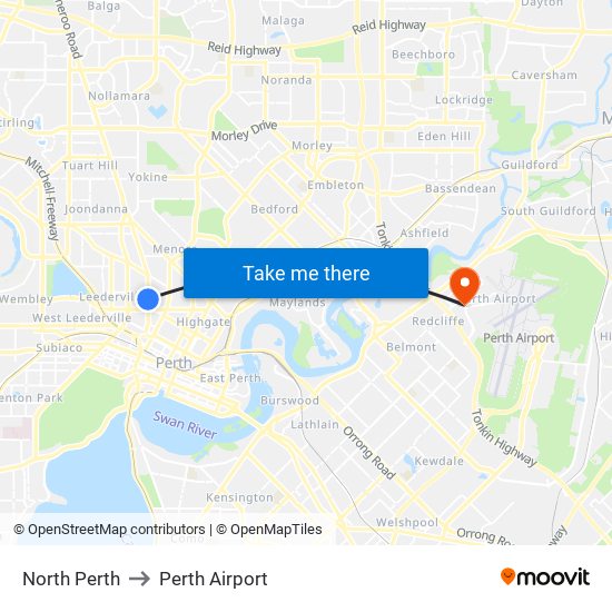 North Perth to Perth Airport map