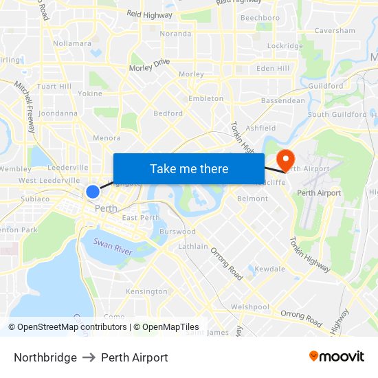 Northbridge to Perth Airport map