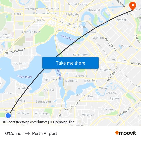 O'Connor to Perth Airport map