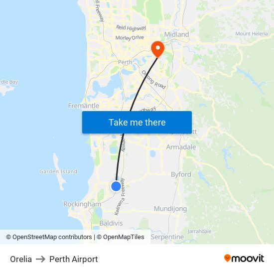 Orelia to Perth Airport map