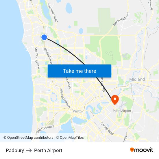 Padbury to Perth Airport map