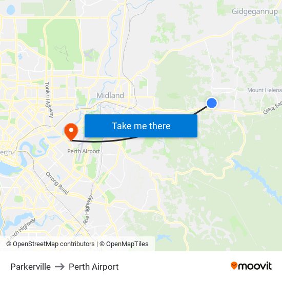 Parkerville to Perth Airport map