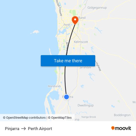 Pinjarra to Perth Airport map