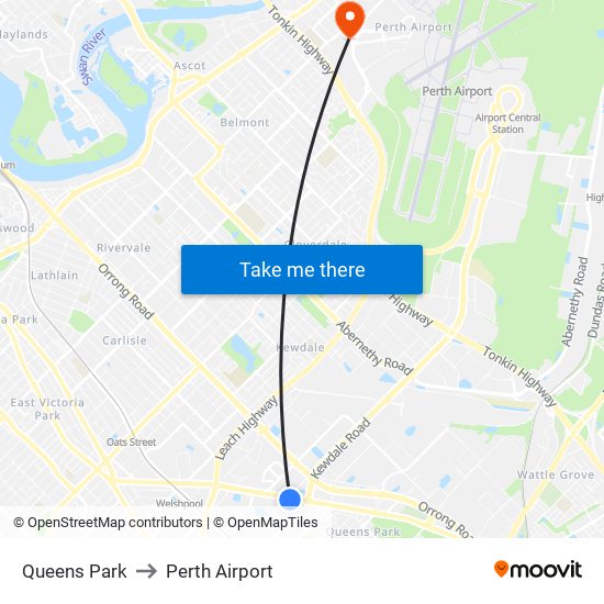 Queens Park to Perth Airport map