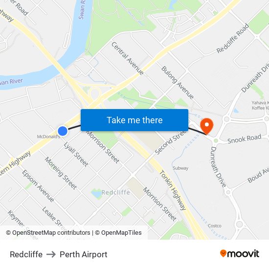 Redcliffe to Perth Airport map