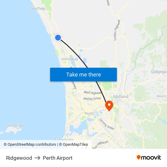 Ridgewood to Perth Airport map