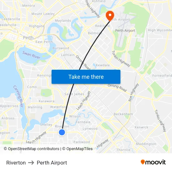 Riverton to Perth Airport map