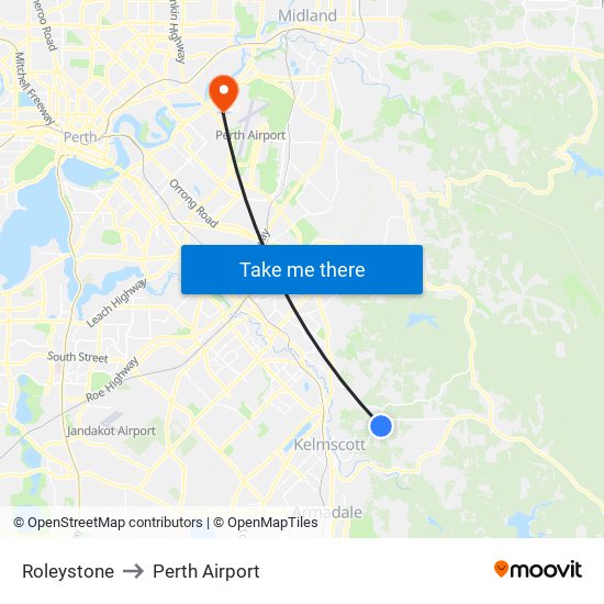 Roleystone to Perth Airport map