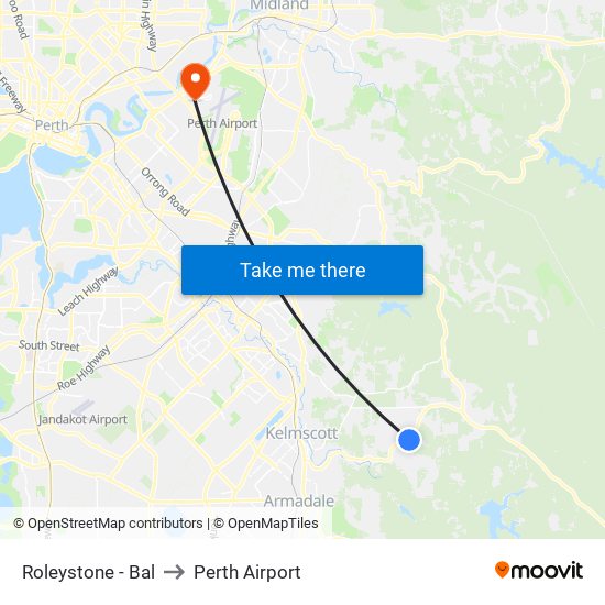 Roleystone - Bal to Perth Airport map