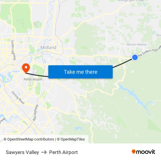 Sawyers Valley to Perth Airport map