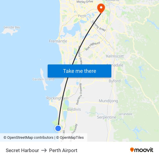 Secret Harbour to Perth Airport map