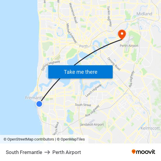 South Fremantle to Perth Airport map