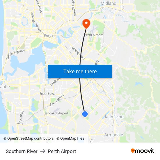 Southern River to Perth Airport map