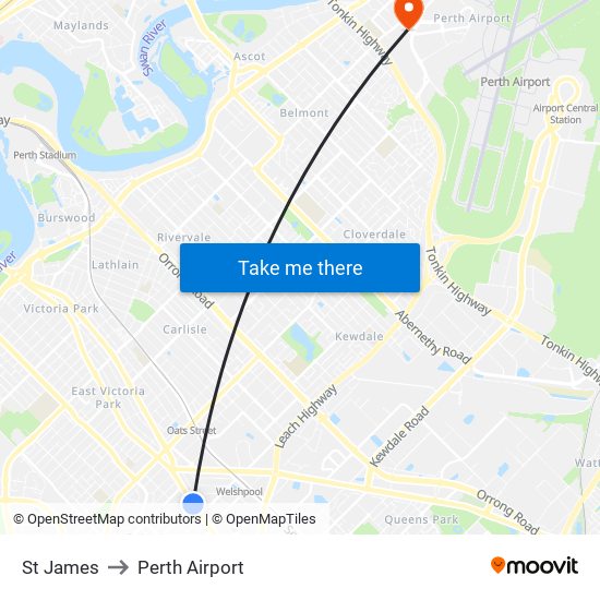 St James to Perth Airport map