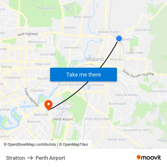 Stratton to Perth Airport map