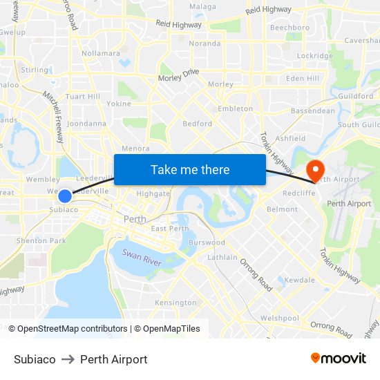 Subiaco to Perth Airport map