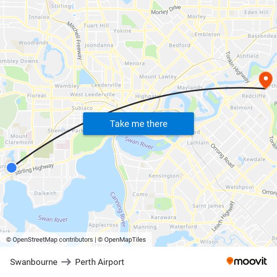 Swanbourne to Perth Airport map