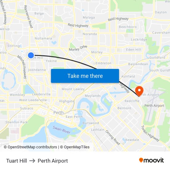 Tuart Hill to Perth Airport map