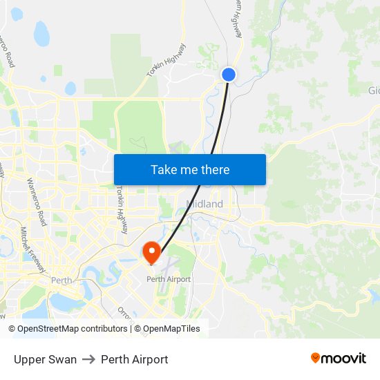 Upper Swan to Perth Airport map