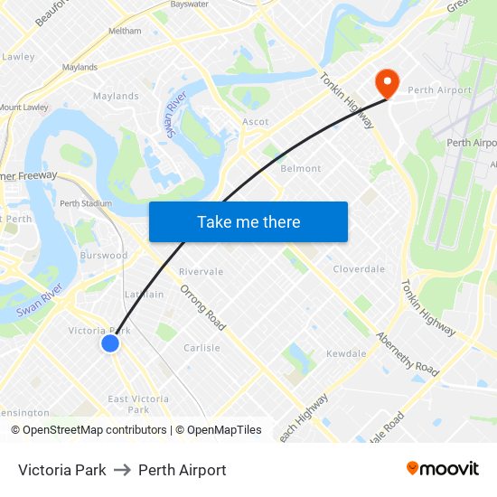 Victoria Park to Perth Airport map
