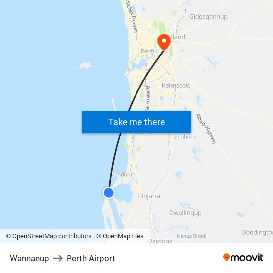 Wannanup to Perth Airport map