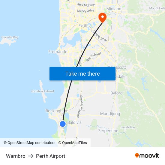 Warnbro to Perth Airport map