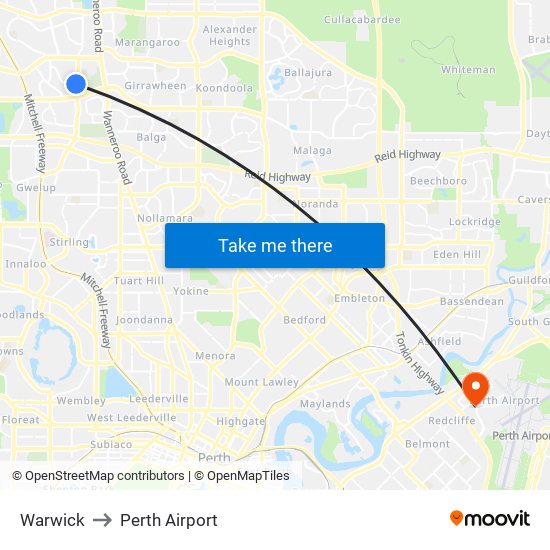 Warwick to Perth Airport map