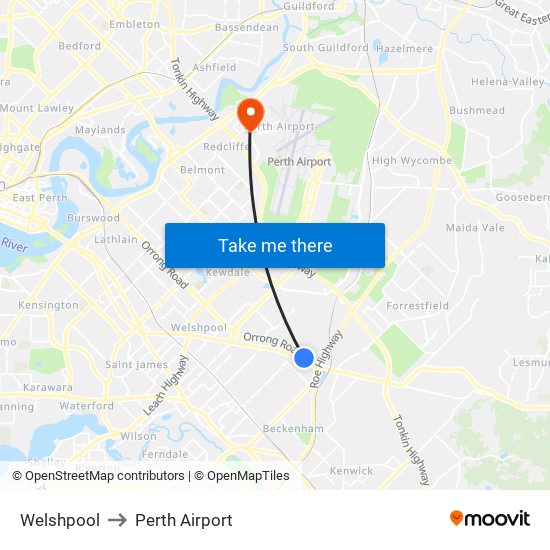 Welshpool to Perth Airport map