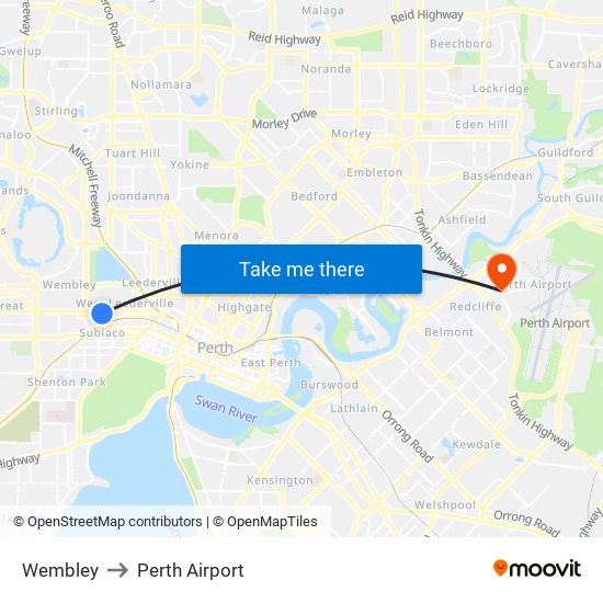 Wembley to Perth Airport map