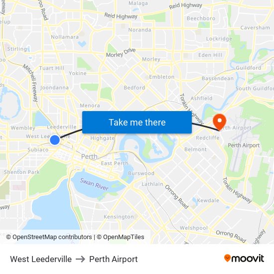 West Leederville to Perth Airport map