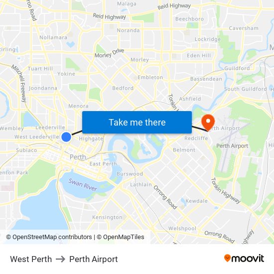 West Perth to Perth Airport map