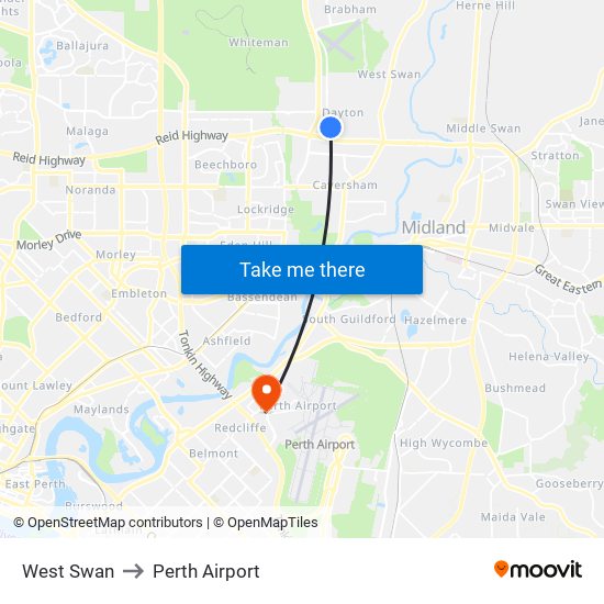 West Swan to Perth Airport map
