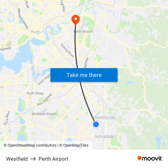 Westfield to Perth Airport map