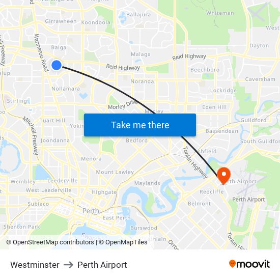 Westminster to Perth Airport map