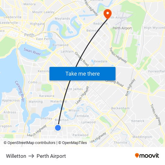 Willetton to Perth Airport map