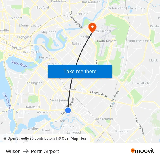 Wilson to Perth Airport map