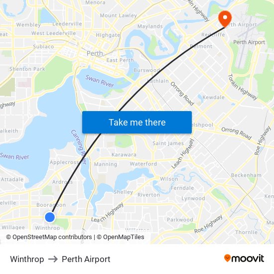 Winthrop to Perth Airport map