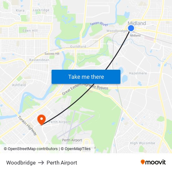 Woodbridge to Perth Airport map