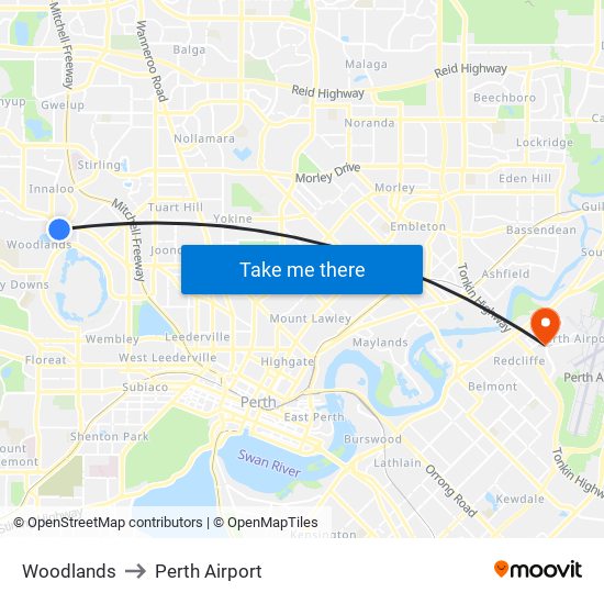 Woodlands to Perth Airport map