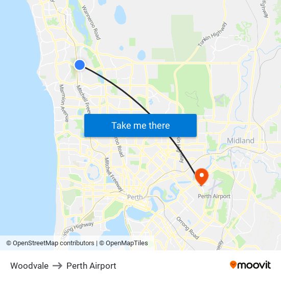 Woodvale to Perth Airport map