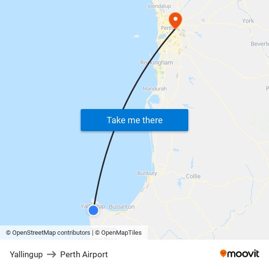 Yallingup to Perth Airport map