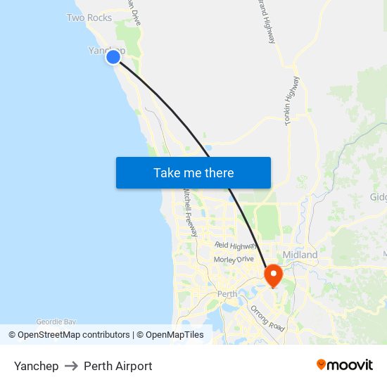 Yanchep to Perth Airport map