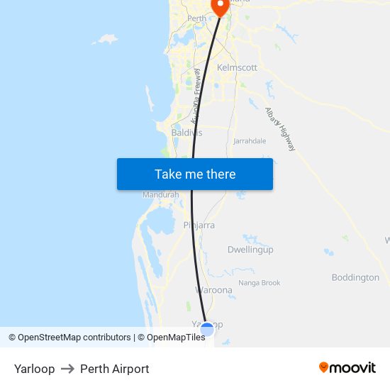 Yarloop to Perth Airport map