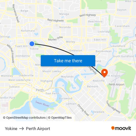 Yokine to Perth Airport map