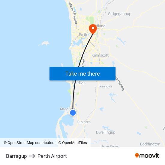 Barragup to Perth Airport map