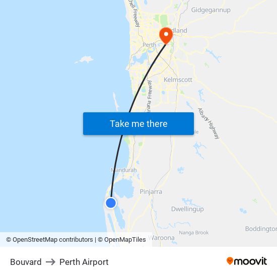 Bouvard to Perth Airport map